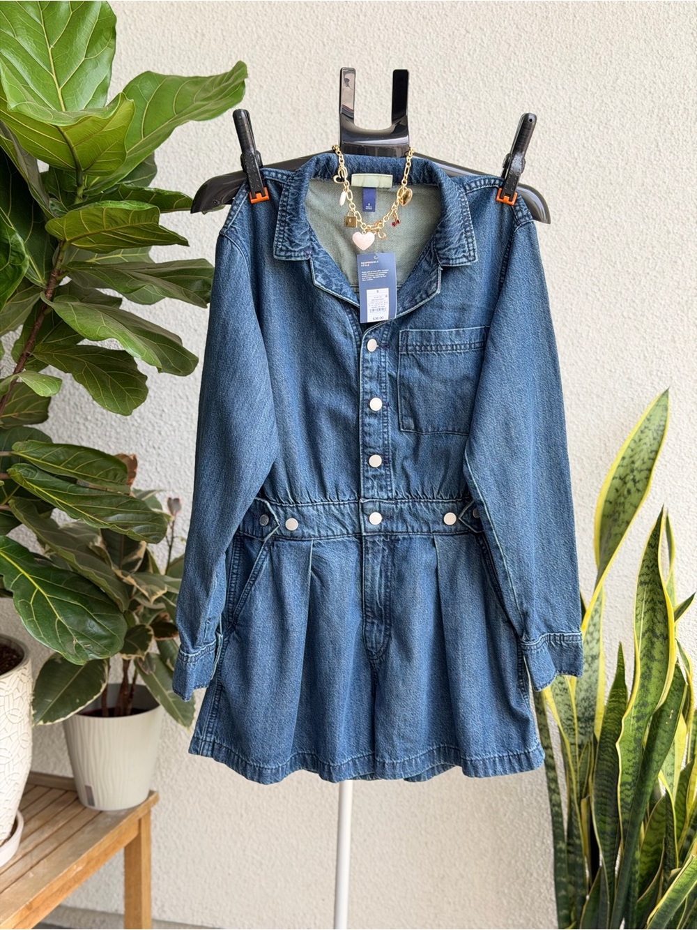 Universal Thread Blue Denim Button-Front Long Sleeve Romper
